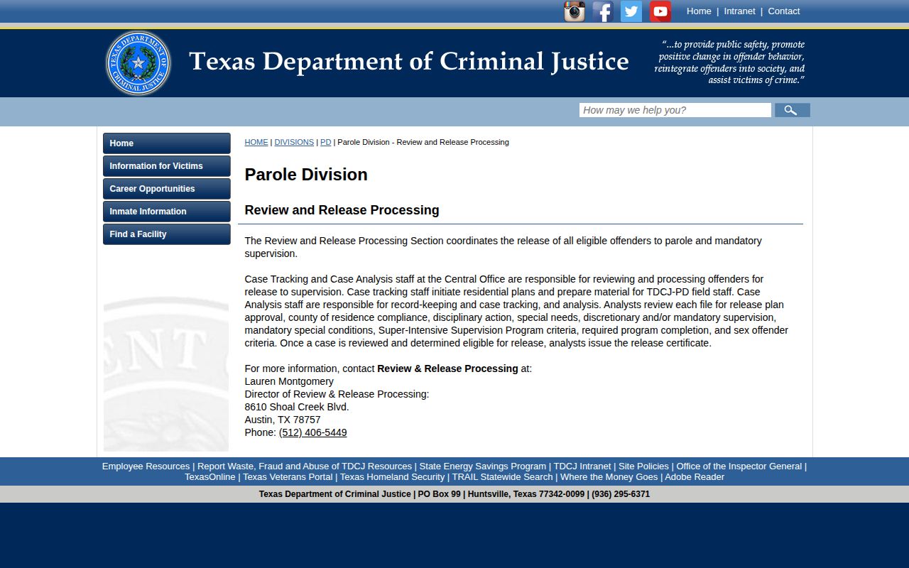 TDCJ review and release processing for a Gregg County state prisoner